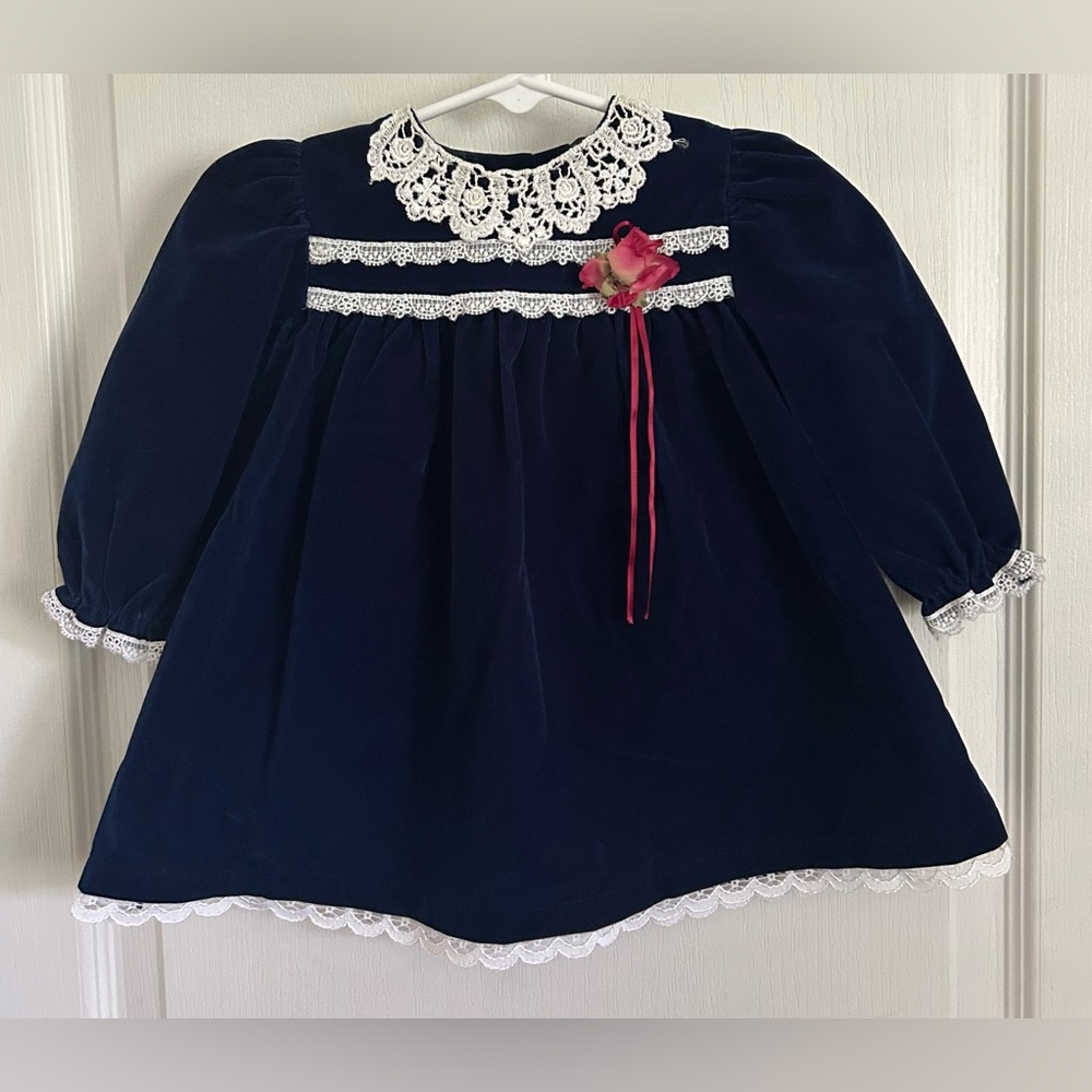 VTG Allison Ann Christmas Dress Navy Blue White Lace Trim USA Made 12m Flower